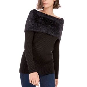 INC International Concepts- Sequined Eyelash-Knit Foldover Sweater